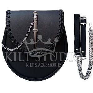 Scottish Handmade Semi Dress Kilt Sporran Real Quality Leather Sporran - Pin Lock Sporran - Highland kilt Bag with Belt and Chain Strap