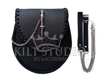 Scottish Handmade Semi Dress Kilt Sporran Real Quality Leather Sporran - Pin Lock Sporran - Highland kilt Bag with Belt and Chain Strap