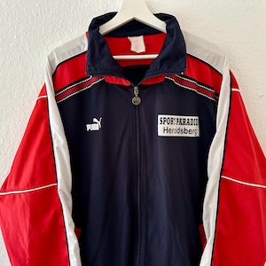 Vintage 90s PUMA Track Jacket: Red, Black, and White Color Block (L/XL)