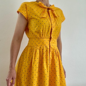 Vintage Yellow Polka Dot Dress 50s Cotton Midi with Bow Collar Retro Summer Dress Size S-M  Picnic Outfit Vintage Clothing Women