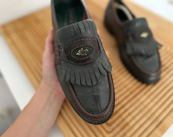 Vintage Men’s Leather Loafers EU 43/US 10 Lloyd Kiltie Loafers 1980s Kiltie Fringe Shoes for Men Hunting Style Brown Green