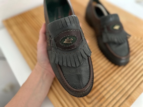 Vintage Men’s Leather Loafers EU 43/US 10 Lloyd Kiltie Loafers 1980s Kiltie Fringe Shoes for Men Hunting Style Brown Green