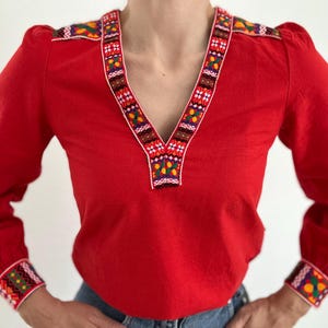 Vintage Red Embroidered Blouse Small Boho Folk Peasant Top Festival Shirt Scandinavian Blouse Bohemian Cotton Blouse Nordic Style