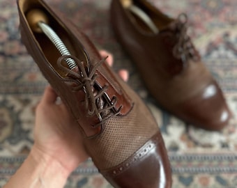 Scarpe eleganti da uomo vintage in pelle marrone, taglia EU 43, modello Oxford in pelle traforata, stile Brogue, stile Old Money Preppy Heritage Menswear