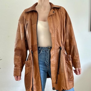 90s Patchwork Leather Jacket: Vintage Brown Waist-Cinched Coat, Size S-M
