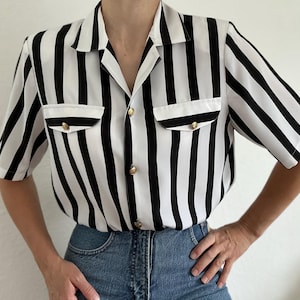 Vintage  Striped Blouse Short Sleeve Size XS Shoulder Pads Retro Black Blouse Woman 80s Vintage Black Summer Shirt Small Retro Shirt Women