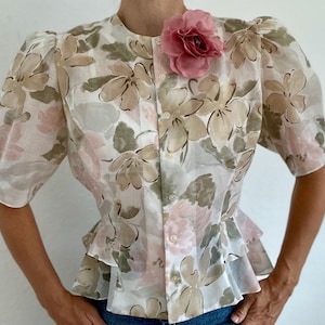 1980s Floral Sheer Blouse: Puffy Sleeves, Shoulder Pads, Made in Finland