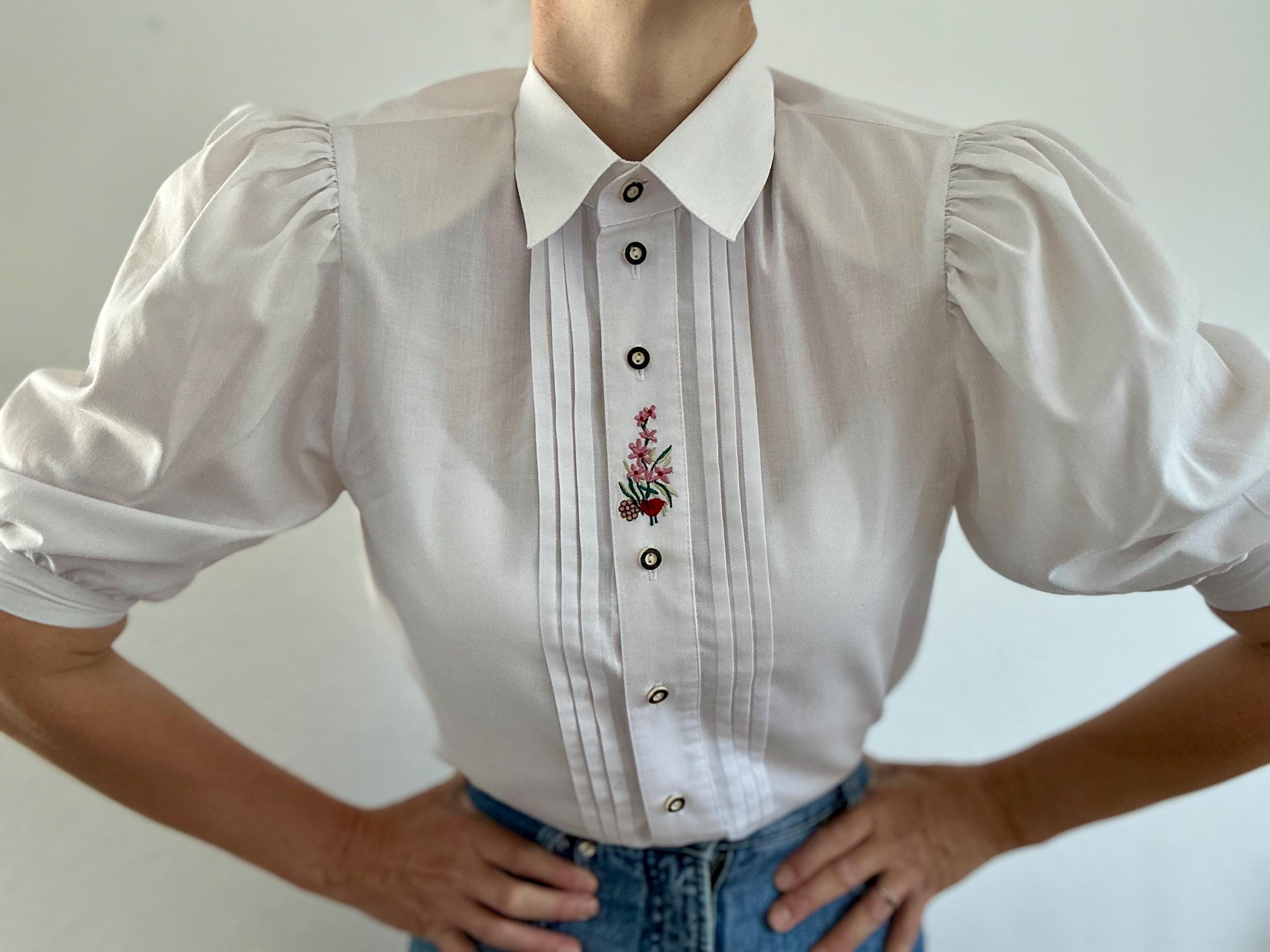 Vintage white cotton Blouse with Puff sleeves Small Blouse puffs Vintage Blouse with Embroidered German Blouse Folk Blouse 80s