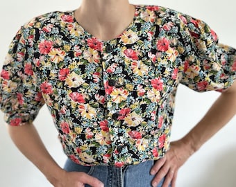 Vintage Floral Blouse with Puff Sleeves Small Medium Floral Blouse Dark Colors Romantic Short Sleeve Black Floral Shirt Small Gift for Women