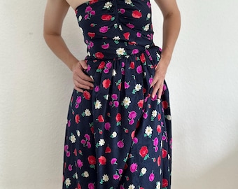 Vintage Off Shoulder Floral Dress Women XS-S Summer Outfit Dark Blue Boho Midi Vintage Bustier Dress Boho Chic Romantic Dress Floral