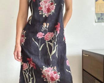 Vintage Y2K chiffon jurk zwart met bloemenprint mouwloze Franse retro jurk maat ML – elegante zomerfeestjurk jaren 2000