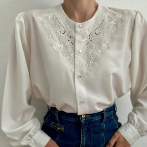 Vintage witte geborduurde blouse met pofmouwen Maat Large Boho Top Cottagecore-shirt Victoriaanse blouse vrouwen grote romantische stijl vrouwen