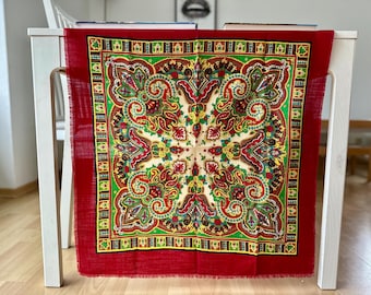Bufanda de lana ucraniana vintage de los años 80, 75 cm, chal burdeos con estampado de cachemir, pañuelo cuadrado de la URSS, chal ucraniano de pura lana, bufanda Babuschka de lana