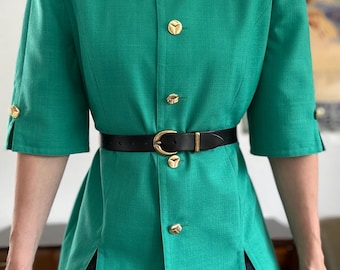 1980s Green Blazer Women Made in Germany Short Sleeve Statement Jacket with Shoulder Pads Gold Buttons Power Dressing Wool Blend