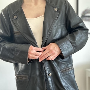 Vintage 90s Black Leather Jacket Unisex Biker Coat Medium Minimalist Longline Real Leather Retro Street Style 1990s Grunge Outerwear