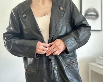 Vintage 90s Black Leather Biker Jacket: Unisex Minimalist Longline Coat