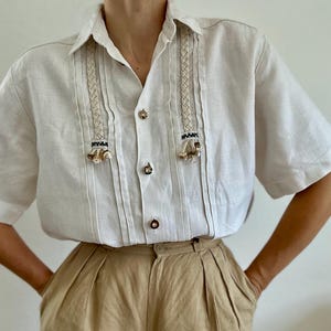 Vintage Linen Shirt Women Antique Dirndl Tyrolean Trachten Folk Austrian Cottagecore Clothing Women Pleasant Linen Shirt Short Sleeve
