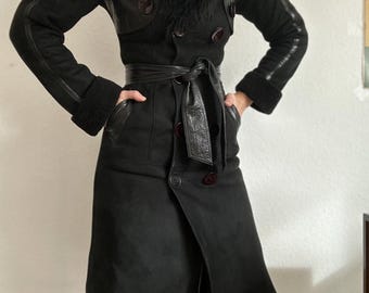 Vintage Black Shearling Coat Long XS Suede Sheepskin Coat Black Fitted Winter Coat Women Boho Elegant Warm Coat Outerwear Real Leather