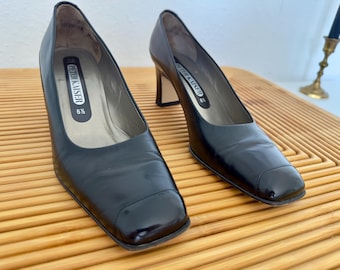 Zapatos vintage de cuero con punta cuadrada y tacón de bloque para mujer, estilo años 90, color negro. Talla UK 6.5 / EU 39.5 / US 9. Tacón medio. Zapatos vintage Peter Kaiser de los años 90.