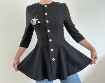 Vintage Black Blazer XS Flared Waist Jacket 80s Peplum Style  Feminine Fit  Structured Fit Elegant Tailored Jacket Women’s Small
