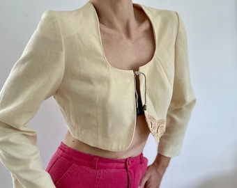 Vintage Cropped Bolero Long Sleeve Small Summer Jacket Crop Top Long Sleeve Yellow Made in Spain Crop Top Women Blazer Small 90s Clothing