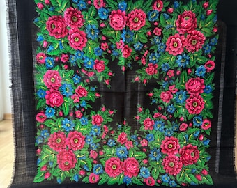 Vintage Russian Floral Shawl Pure Wool Scarf Shawl Russian Winter 95 cm 37 inch Floral Folk Headscarf Square Scarf Never Worn