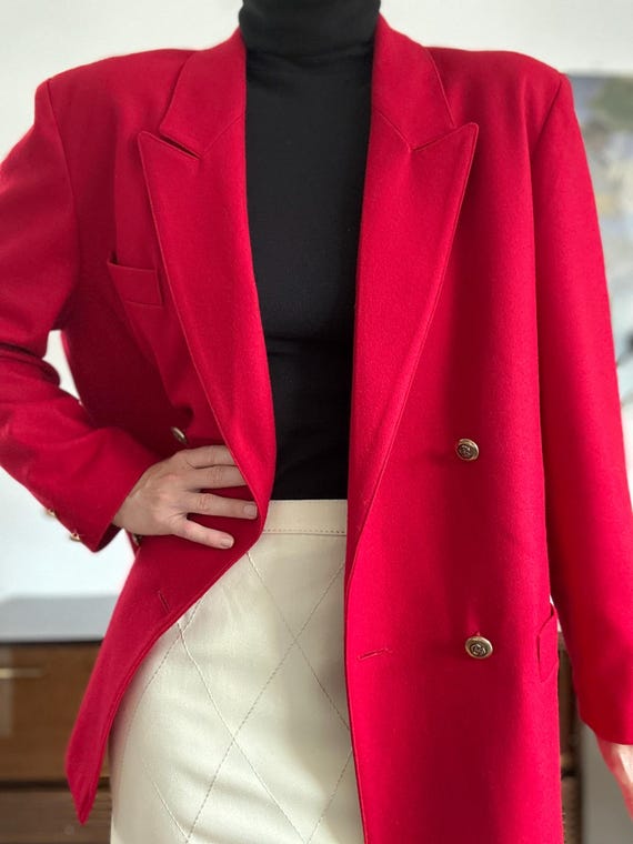 Vintage Red Blazer XL, Gold Button Wool Blend Jacket, 90s Power Blazer, Old Money Preppy Equestrian Statement Jacket