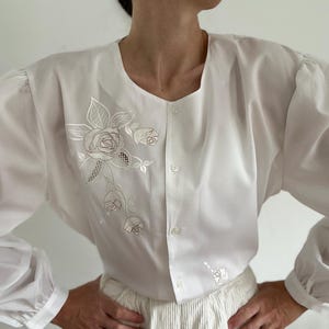 Vintage blouse geborduurde rozen kanten blouse met pofmouwen witte boho blouse lange mouw retro blouse medium vintage kleding dames