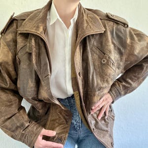 Vintage Distressed Leather Jacket Oversized Heavy Leather Vintage 90s  Brown Leather Bomber Jacket Aviator Style Jacket Vintage clothing 90s