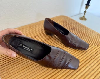 Zapatos de tacón bajo marrones estilo años 90, estilo vintage, de piel verde Paul Green, talla EU 36 UK 3.5 US 6, fabricados en Alemania. Zapatos minimalistas de estilo retro y elegante estilo clásico.