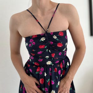 Vintage Off Shoulder Floral Dress Women XS-S Summer Outfit Dark Blue Boho Midi Vintage Bustier Dress Boho Chic Romantic Dress Floral