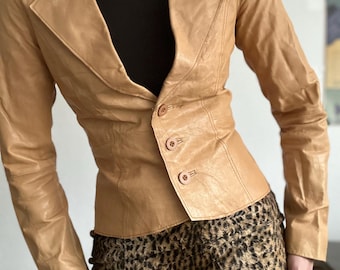 Y2K Leather Jacket XS Vintage 2000s Camel Jacket Real Leather Cropped Coat Early 2000s Fashion Women’s Retro Outerwear