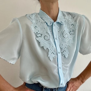 Vintage Light Blue Lace Collar Blouse: 90s Retro Short Sleeve Top