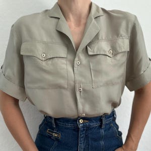 Silk Blouse Vintage 90s Pure Silk Gray Blouse  Silk Shirt Small Short Sleeve Women’s Summer Top Lightweight Oversized Button Up Elegant