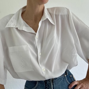 Vintage 80s White Embroidered Blouse: Sheer Oversized Fit