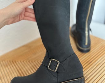 Vintage Primeboots Engineer High Leather Boots with Dainite Sole Classic Black knee-high Engineer Riding Boots with Zipper EU 35 UK 2.5