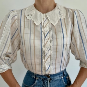 Vintage Austrian Cottagecore Blouse: Lace Collar Cotton Prairie Top