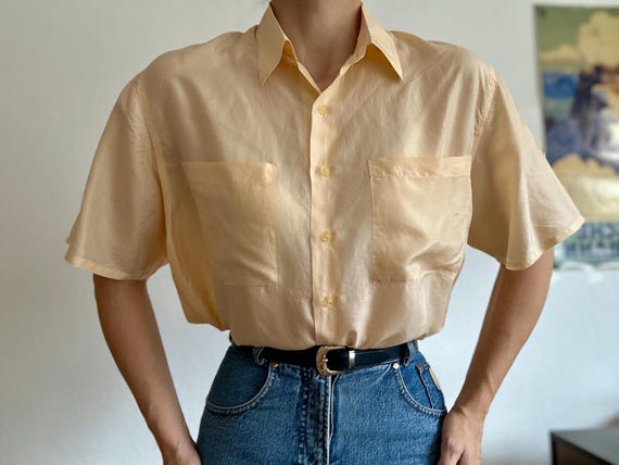 Vintage Silk Blouse Women Medium 90s Pure Silk Pastel Blouse Silk Shirt Medium Sheer Short Sleeve Blouse Women’s Summer Top Small