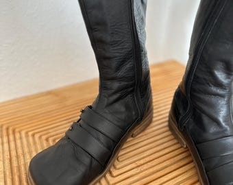 Botas vintage de cuero negro con punta cuadrada, botas hasta la rodilla de cuero negro Y2K, botas minimalistas de cuero de los años 90, botas retro de los años 2000, tallas UE 37/EE. UU. 6/RU 4