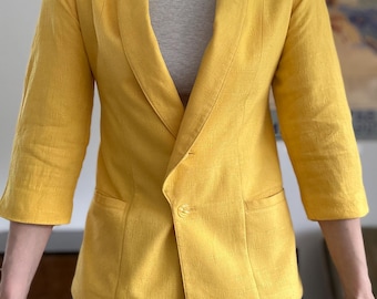 Vintage Gelbe Leinen Mischung Blazer Damen XS Minimalist Skandinavische Jacke 90er Jahre Taillierte Sommer Jacke Made in Finland