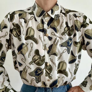 1980s Vintage Equestrian Print Blouse: Horse Saddle Shirt, Western Style