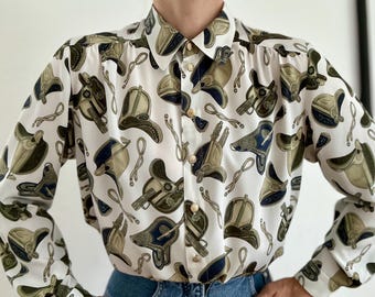 Vintage Silk Equestrian Blouse: Horse Bit Print, Shoulder Pads - Etsy