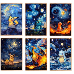 ポケモンプリント ピカチュウポスター ポケモンプリントウォールアート リザードン水彩画 ポケモン ゴッホフレーム ポケモン保育園の壁飾り 子供部屋