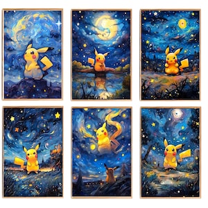 Póster de Pokémon para pared, diseño de Pikachu Van Gogh, para guardería, dormitorio infantil, decoración de cuadros de Pokémon Van Gogh