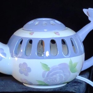 Upcycled Tea Pot Night Light: Unique Handcrafted Floral and Lavender Light Fixture.