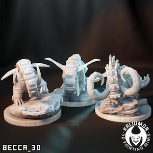 May include: Three unpainted miniature monster figures. The figures have textured skin, horns, and claws. The figures are on round bases with rocky terrain. The logo for Kaijumon 3D Printing Minis is in the lower right corner. The text "BECCA_3D" is in the lower left corner.