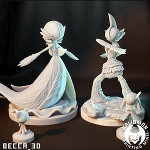 May include: Two white 3D-printed figurines of fantasy characters. One figure is a tall, slender humanoid with a flowing dress and outstretched arms. The other figure is a similar design, with a more upright pose. Each figure has a small companion.