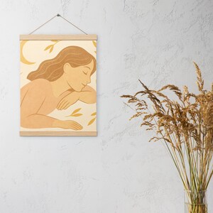 Poster "Serenità femminile" con grucce in legno • Illustrazione morbida e luminosa • Decorazione murale ispiratrice – Les Éveillées