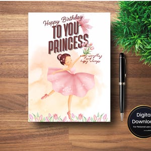 Cartão de Aniversário de Bailarina Rosa | Menina de Tutu Cercada por Tulipas | Cartão de Aniversário para Imprimir para Meninas