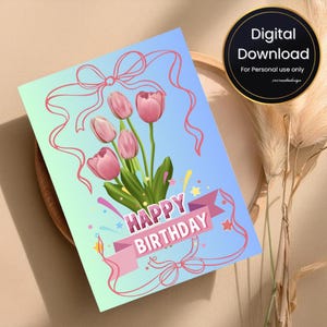 2 roze & doe-het-zelf tulp verjaardagskaart ontwerpen | Afdrukbare bloemen gelukkige verjaardagsgroet | Pastelbloemkaart voor haar | Instant download digitale kaart